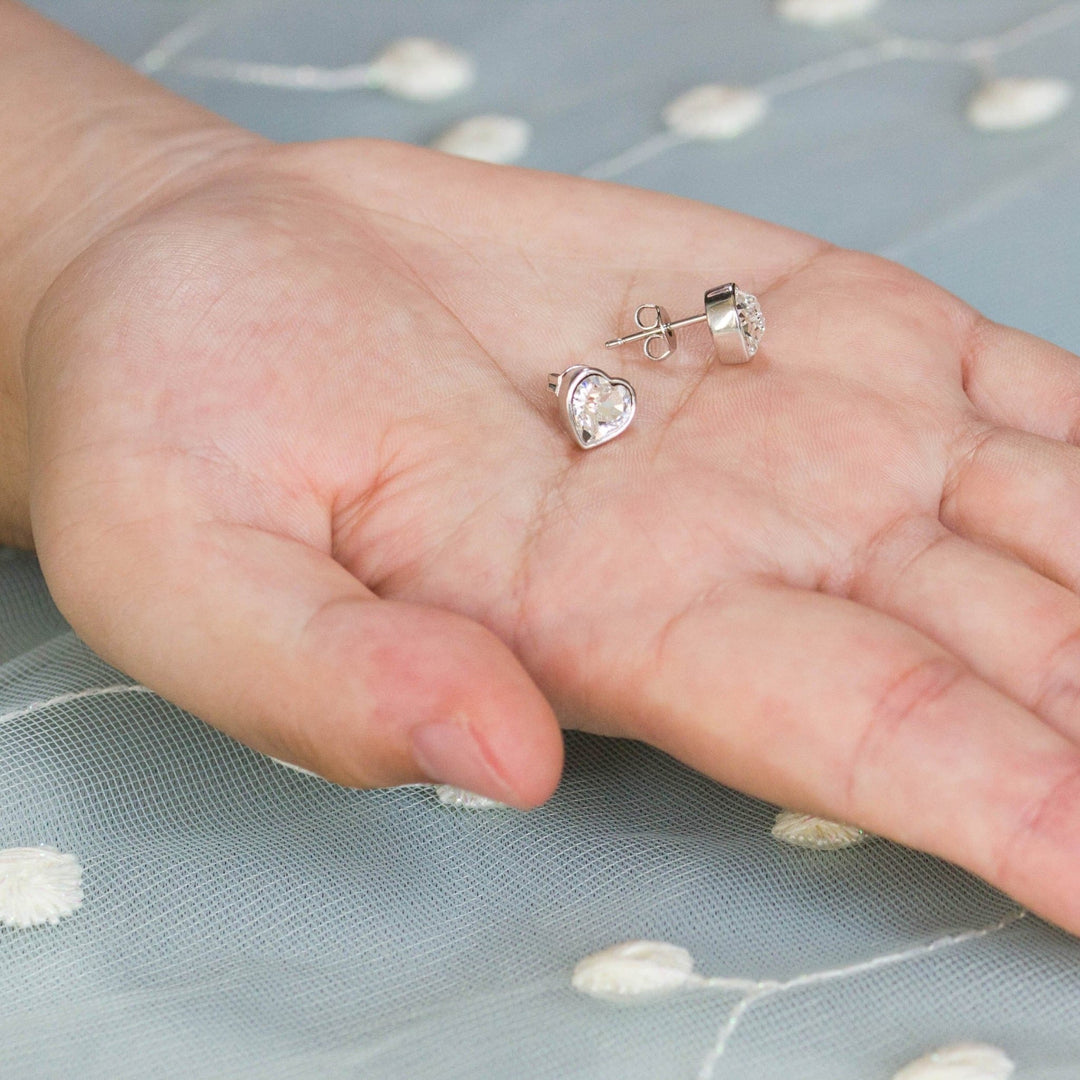 Silver Plated Bezel set Heart Earrings Created with Zircondia® Crystals - Philip Jones Jewellery