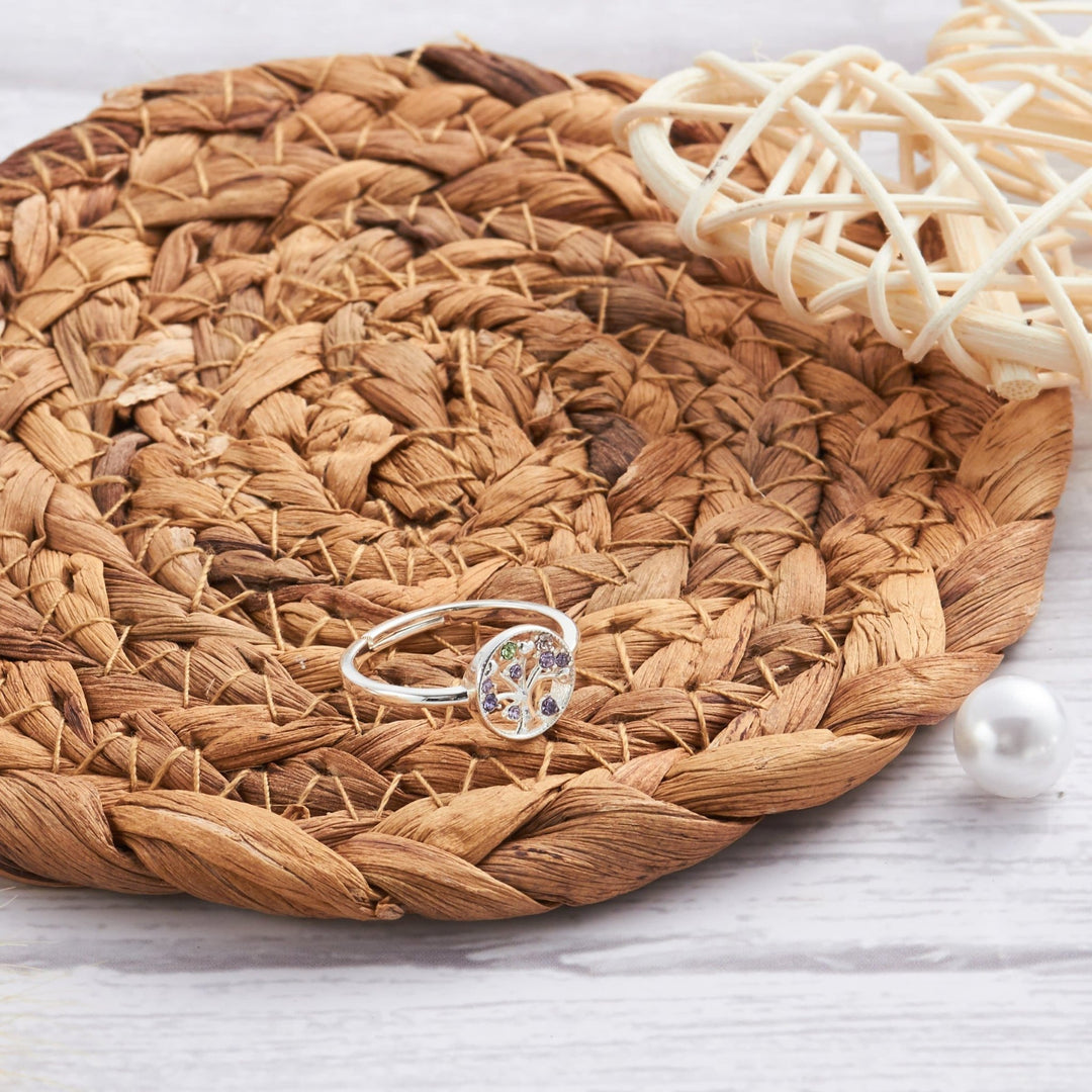 Silver Plated Chakra Tree of Life Ring Created with Zircondia® Crystals - Philip Jones Jewellery
