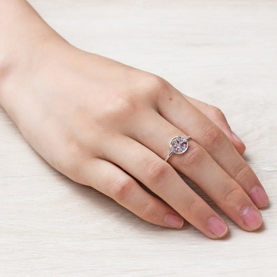 Silver Plated Chakra Tree of Life Ring Created with Zircondia® Crystals - Philip Jones Jewellery
