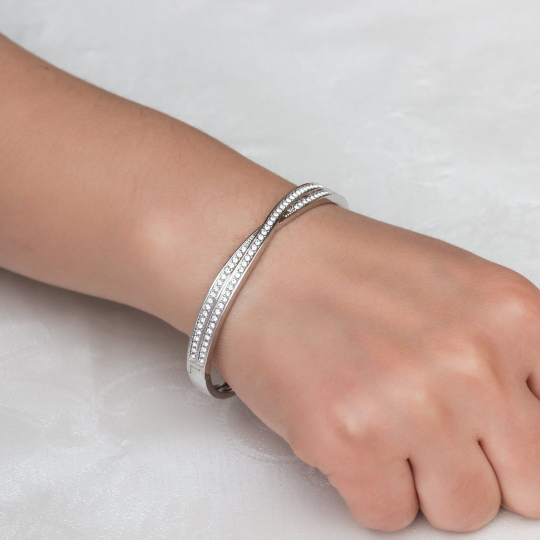 Silver Plated Crossover Bangle Created with Zircondia® Crystals (7 Inch) - Philip Jones Jewellery