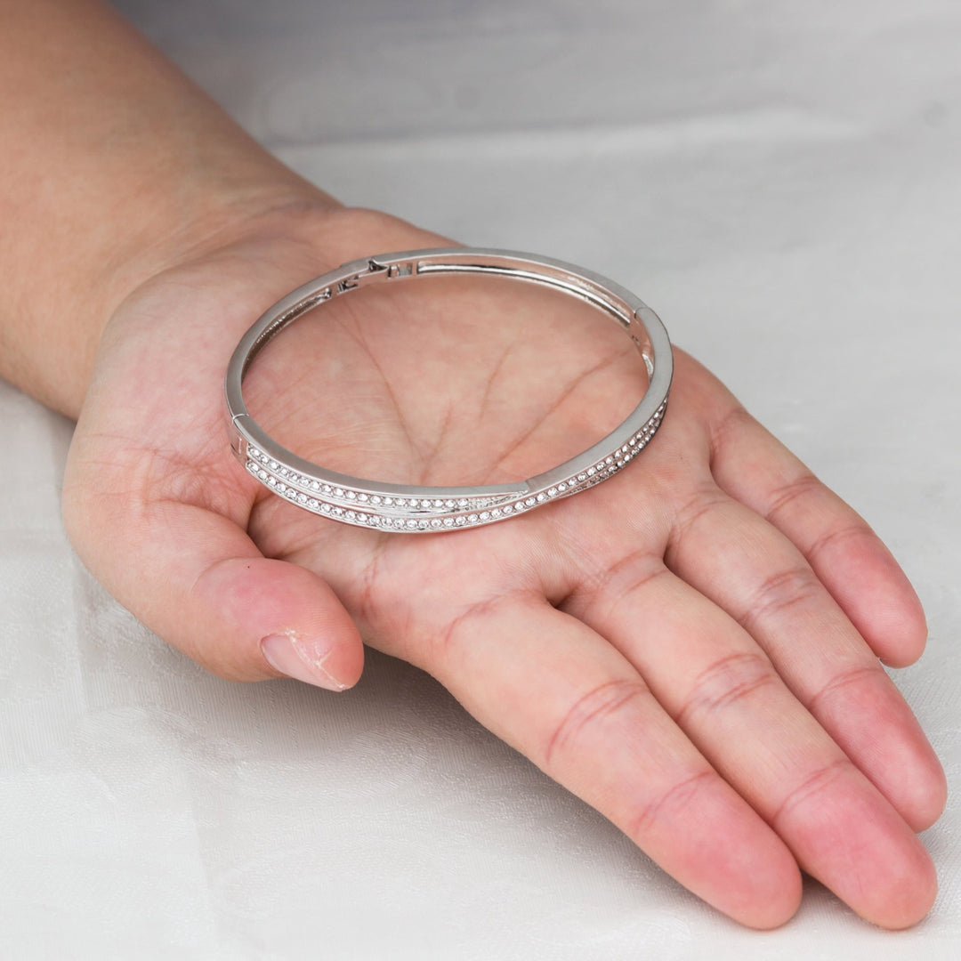 Silver Plated Crossover Bangle Created with Zircondia® Crystals (7 Inch) - Philip Jones Jewellery