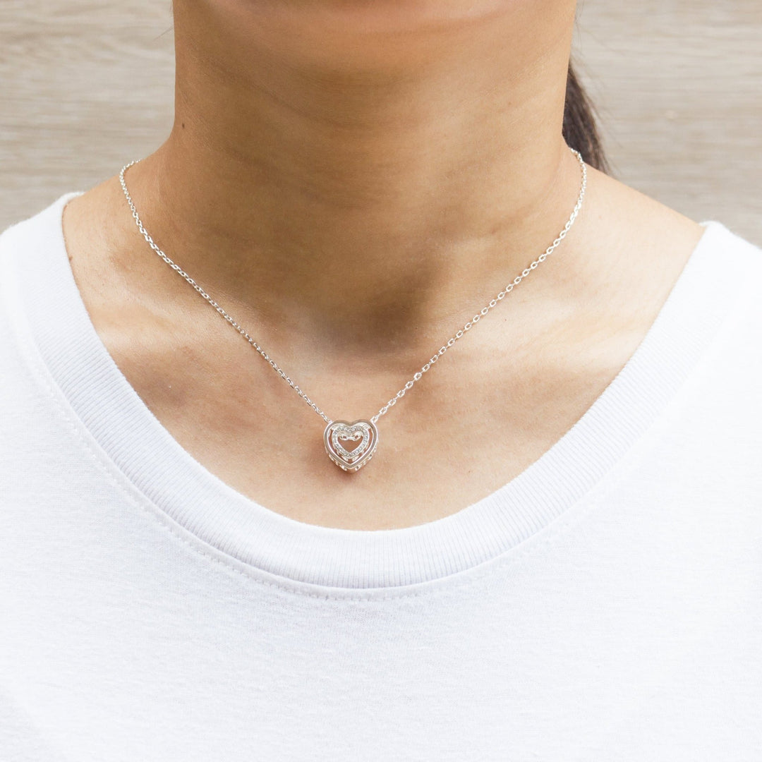 Silver Plated Double Heart Necklace Created with Zircondia® Crystals - Philip Jones Jewellery