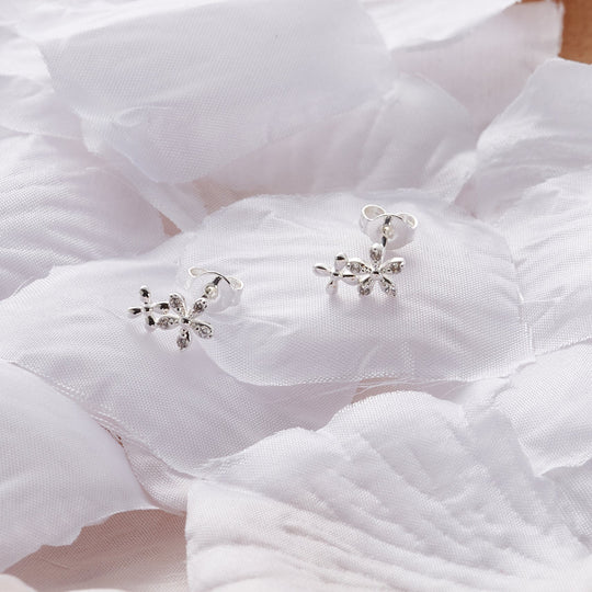 Silver Plated Flower Earrings Created with Zircondia® Crystals - Philip Jones Jewellery