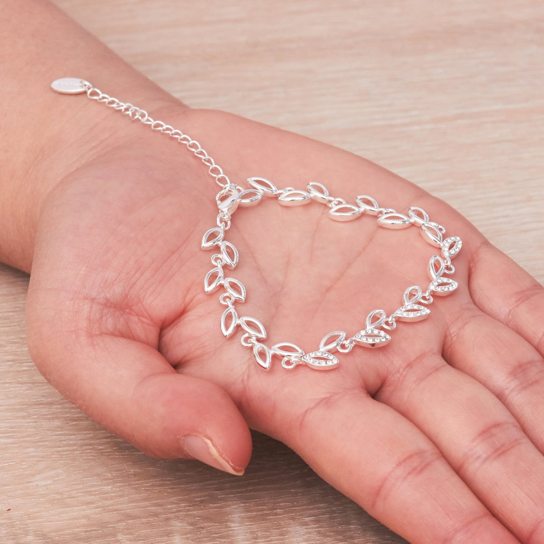 Silver Plated Leaf Bracelet Created With Crystals From Zircondia® - Philip Jones Jewellery