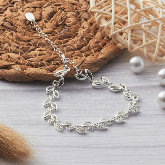 Silver Plated Leaf Bracelet Created With Crystals From Zircondia® - Philip Jones Jewellery