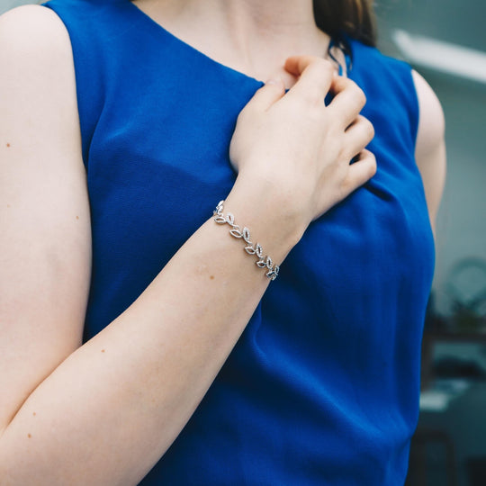 Silver Plated Leaf Bracelet Created With Crystals From Zircondia® - Philip Jones Jewellery