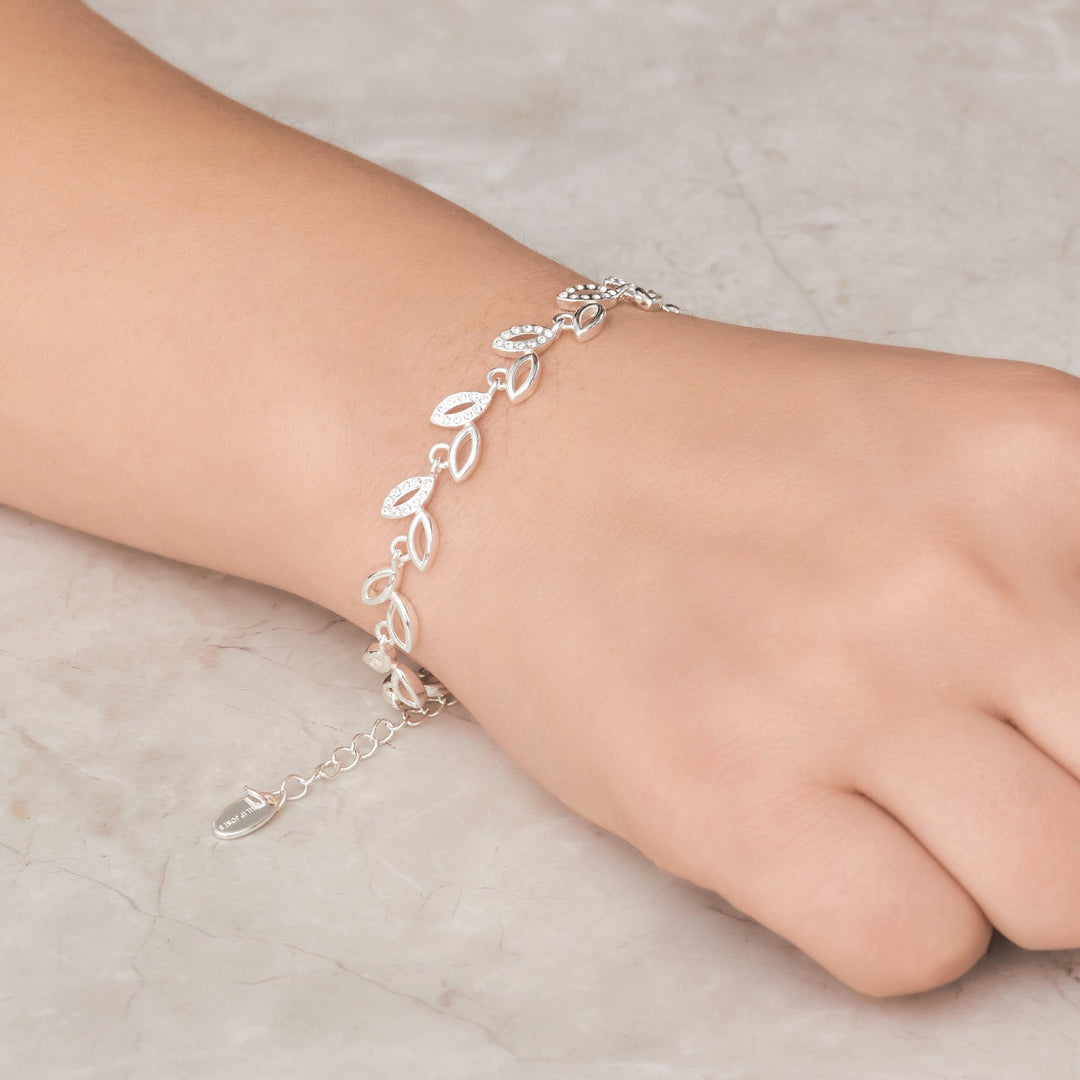 Silver Plated Leaf Bracelet Created With Crystals From Zircondia® - Philip Jones Jewellery