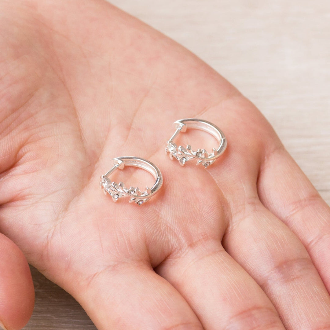Silver Plated Leaf Hoop Earrings Created with Zircondia® Crystals - Philip Jones Jewellery