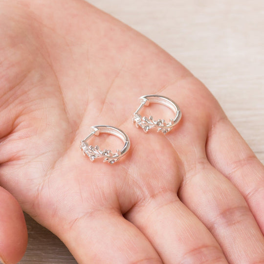 Silver Plated Leaf Hoop Earrings Created with Zircondia® Crystals - Philip Jones Jewellery