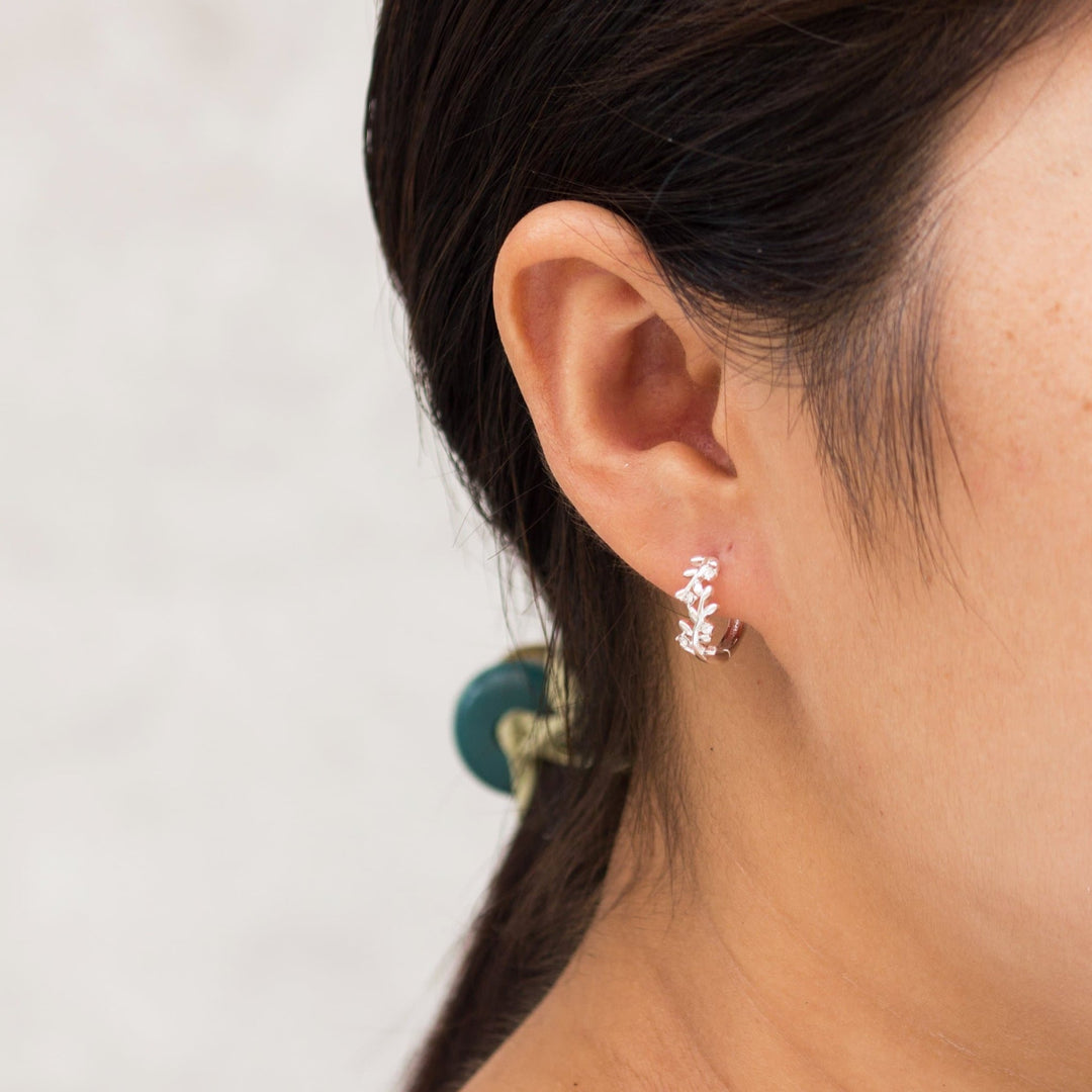 Silver Plated Leaf Hoop Earrings Created with Zircondia® Crystals - Philip Jones Jewellery