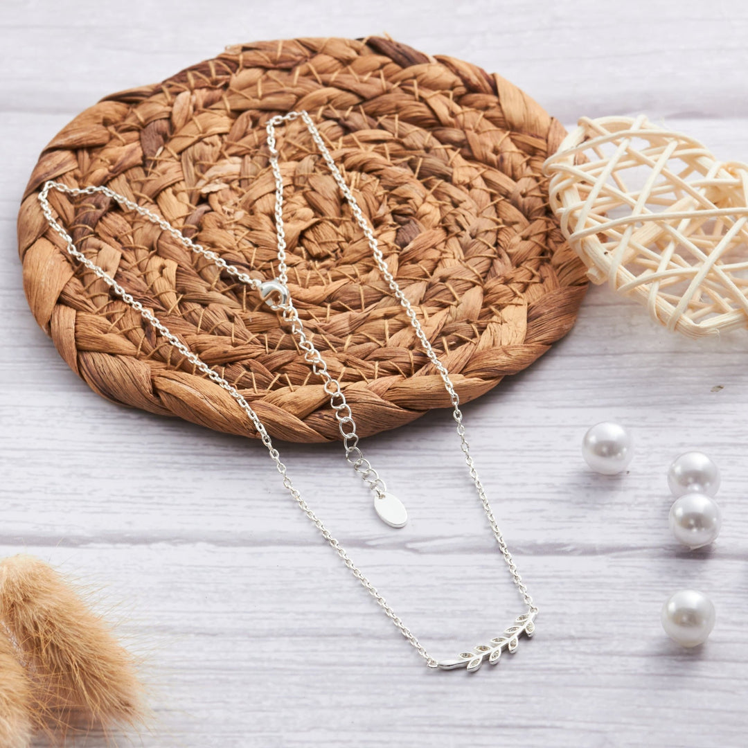 Silver Plated Leaf Necklace Created with Zircondia® Crystals - Philip Jones Jewellery