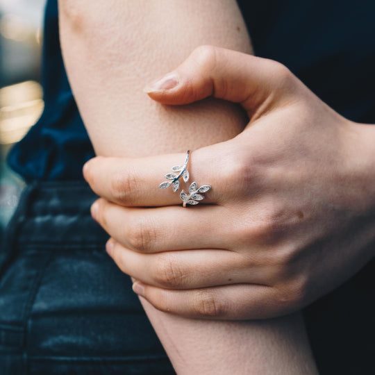 Silver Plated Leaf Ring Created with Zircondia® Crystals - Philip Jones Jewellery