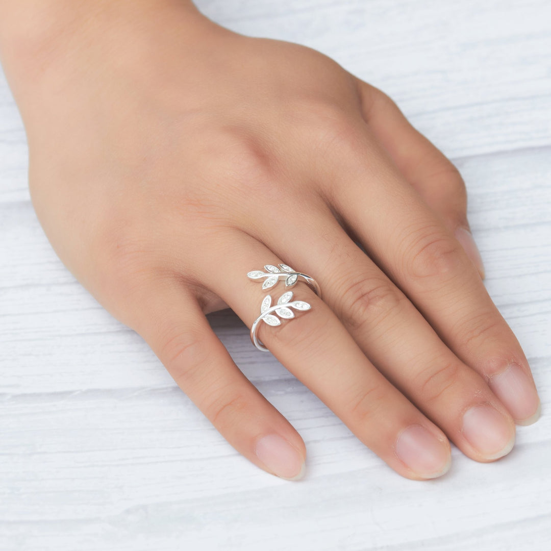 Silver Plated Leaf Ring Created with Zircondia® Crystals - Philip Jones Jewellery