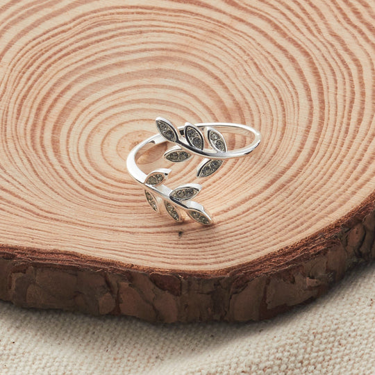 Silver Plated Leaf Ring Created with Zircondia® Crystals - Philip Jones Jewellery