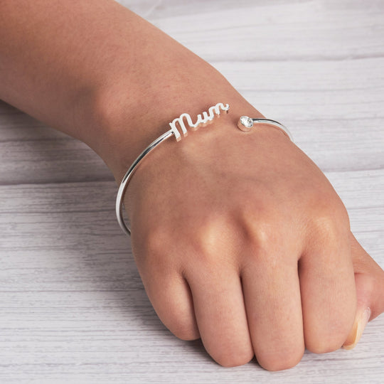 Silver Plated Mum Cuff Bangle Created with Zircondia® Crystals - Philip Jones Jewellery