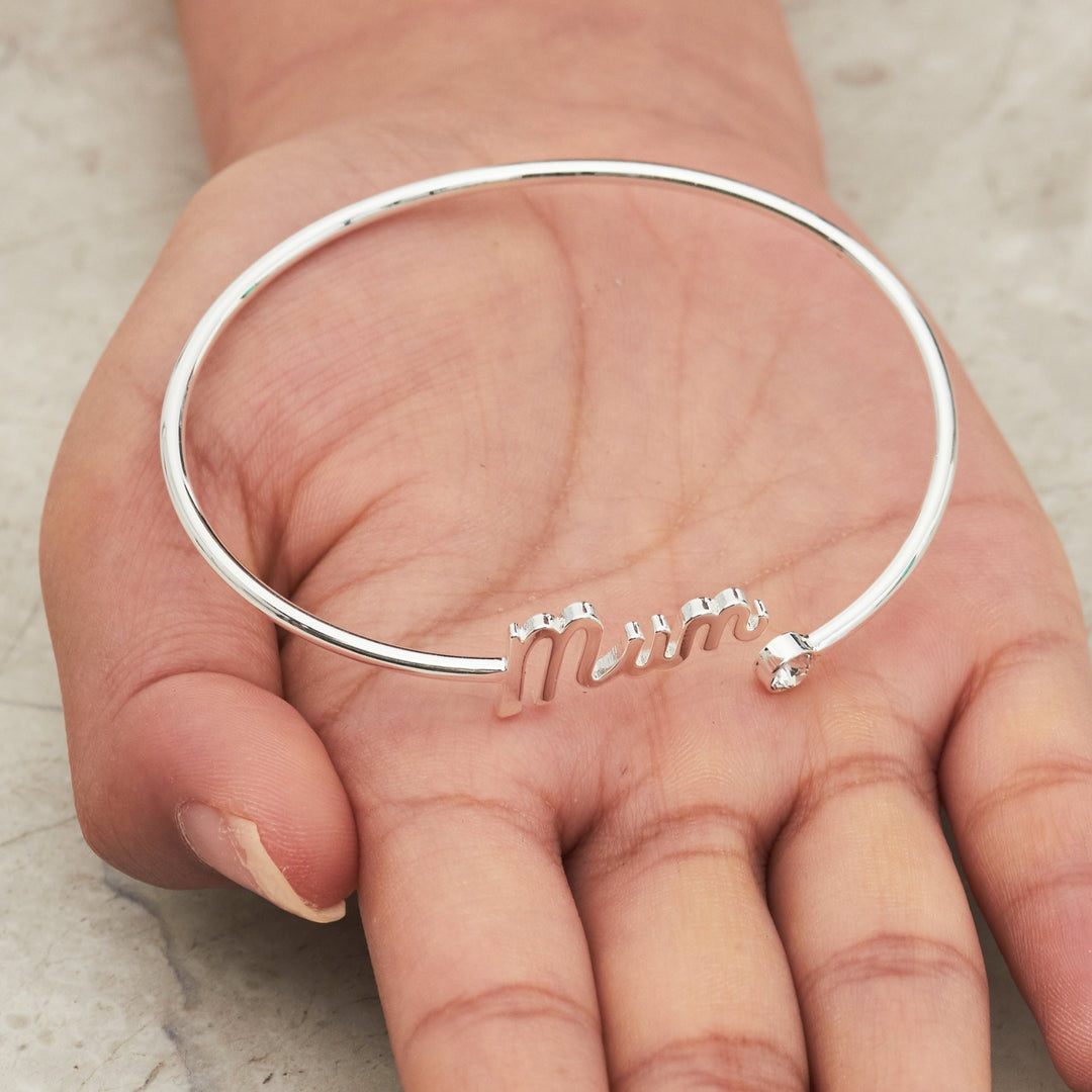 Silver Plated Mum Cuff Bangle Created with Zircondia® Crystals - Philip Jones Jewellery