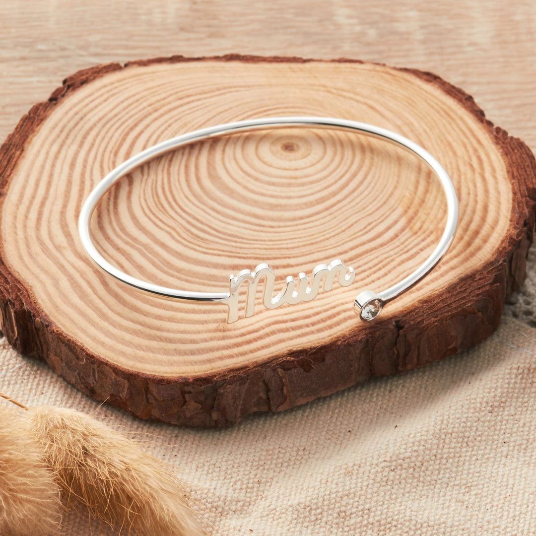 Silver Plated Mum Cuff Bangle Created with Zircondia® Crystals - Philip Jones Jewellery