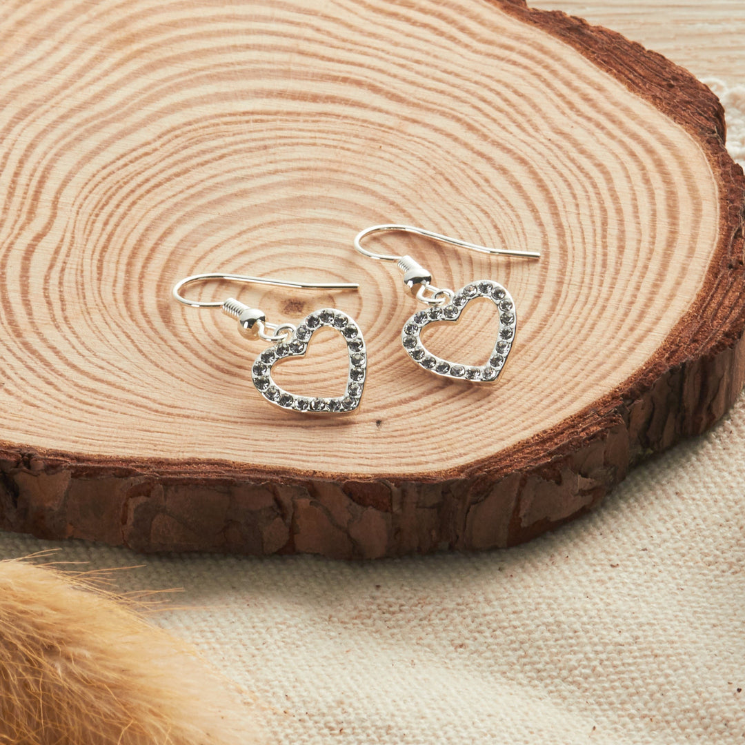 Silver Plated Open Heart Drop Earrings Created with Zircondia® Crystals - Philip Jones Jewellery