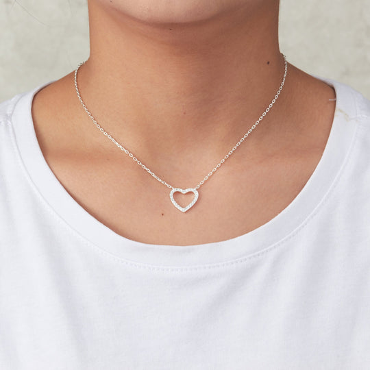 Silver Plated Open Heart Necklace Created with Zircondia® Crystals - Philip Jones Jewellery