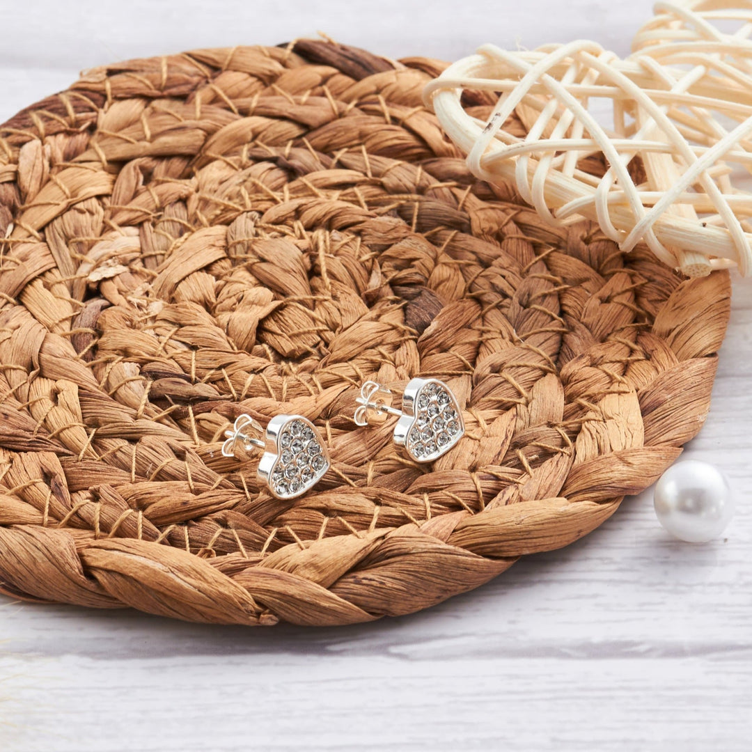 Silver Plated Pave Heart Earrings Created with Zircondia® Crystals - Philip Jones Jewellery