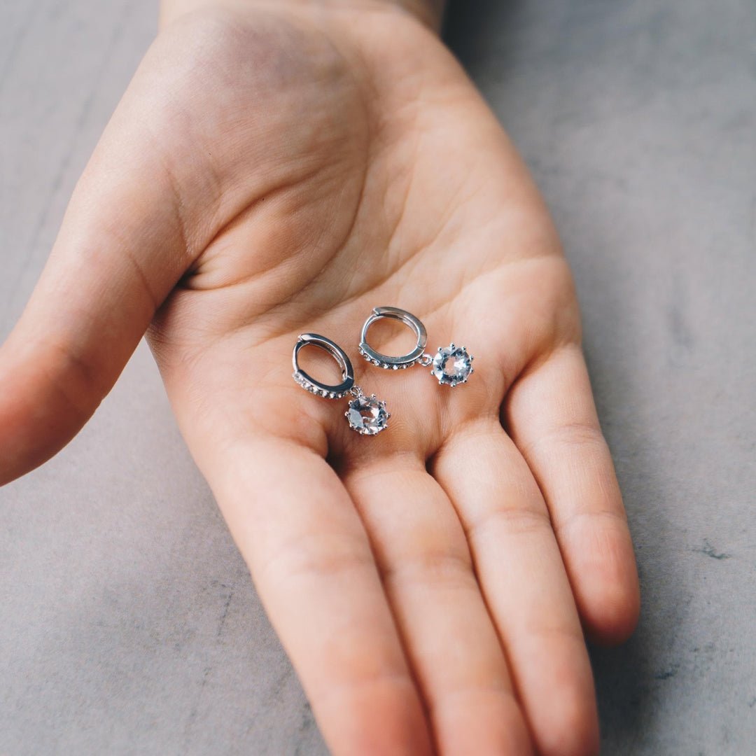 Silver Plated Solitaire Drop Hoop Earrings Created with Zircondia® Crystals - Philip Jones Jewellery