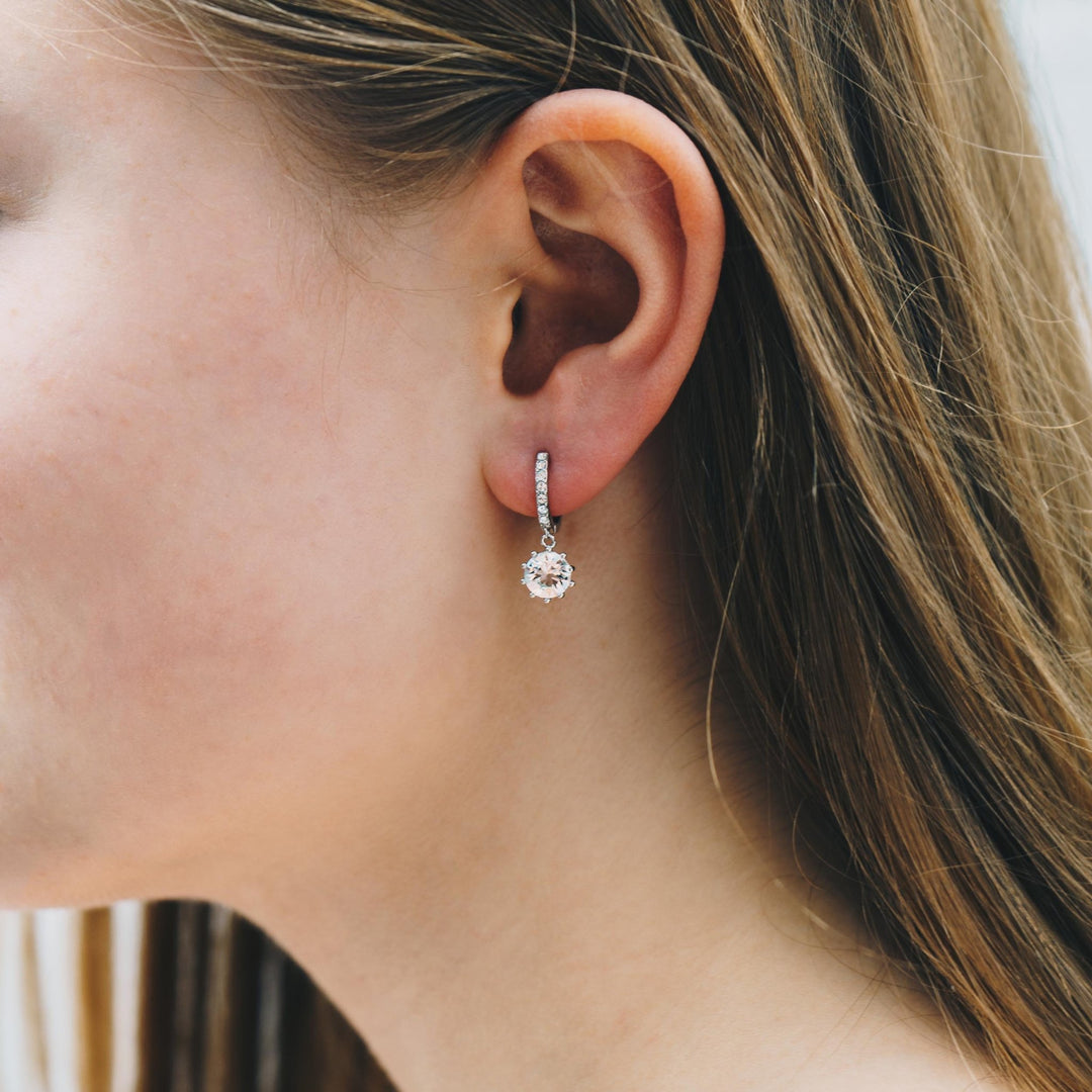 Silver Plated Solitaire Drop Hoop Earrings Created with Zircondia® Crystals - Philip Jones Jewellery