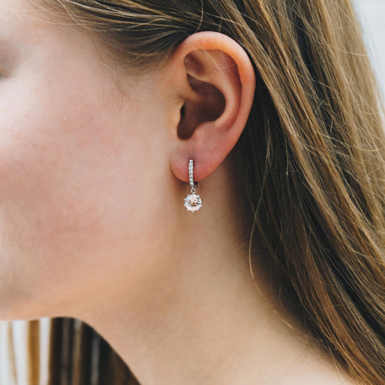 Silver Plated Solitaire Drop Hoop Earrings Created with Zircondia® Crystals - Philip Jones Jewellery