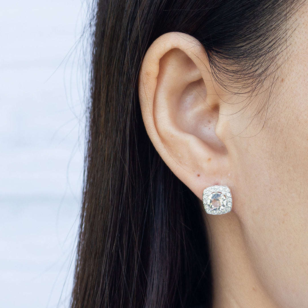 Silver Plated Square Halo Earrings Created with Zircondia® Crystals - Philip Jones Jewellery