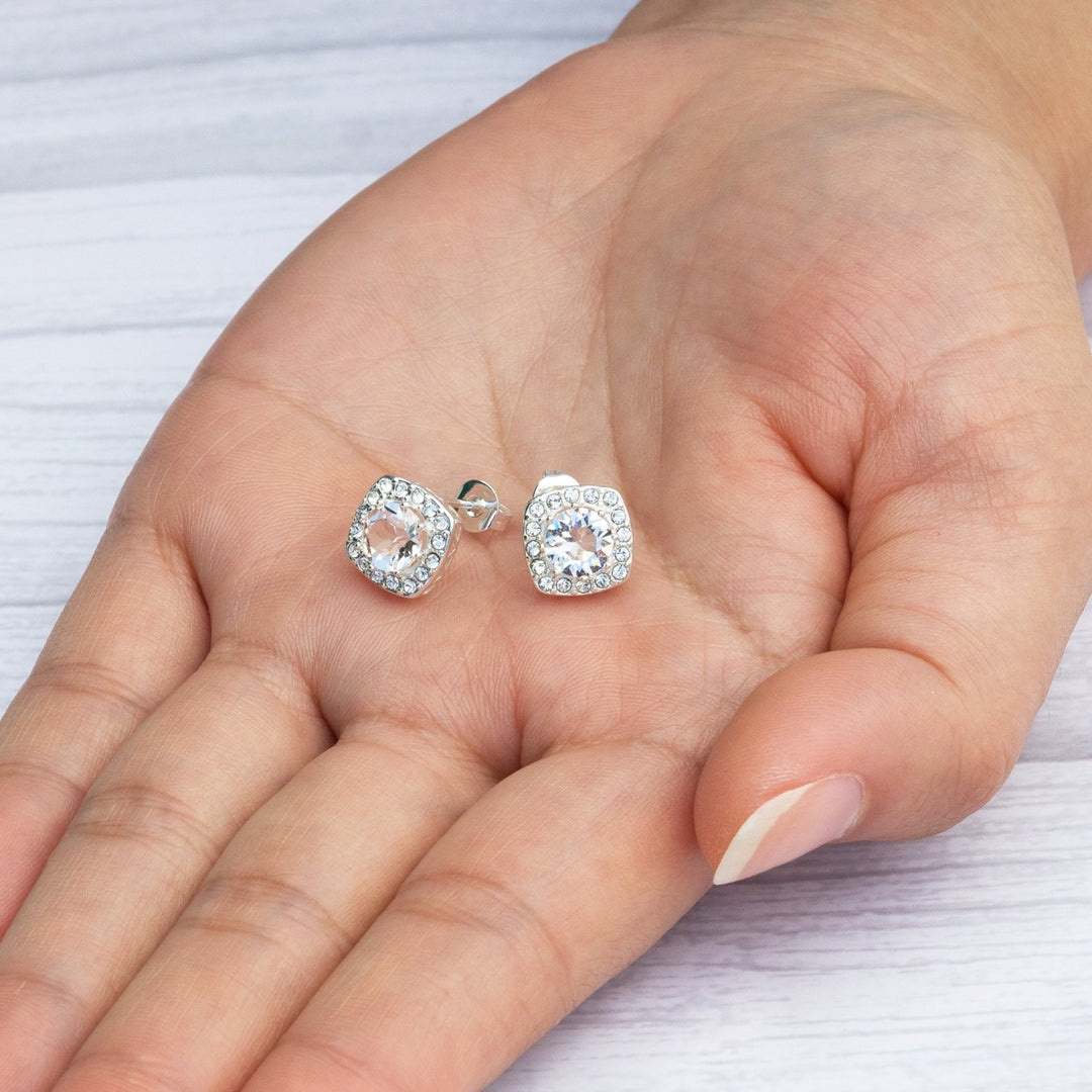 Silver Plated Square Halo Earrings Created with Zircondia® Crystals - Philip Jones Jewellery