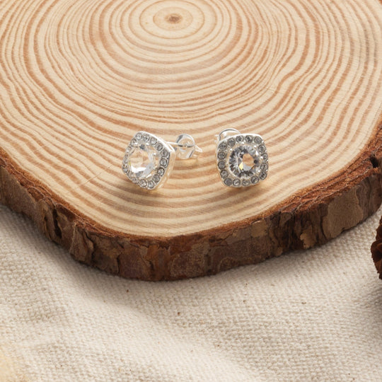 Silver Plated Square Halo Earrings Created with Zircondia® Crystals - Philip Jones Jewellery
