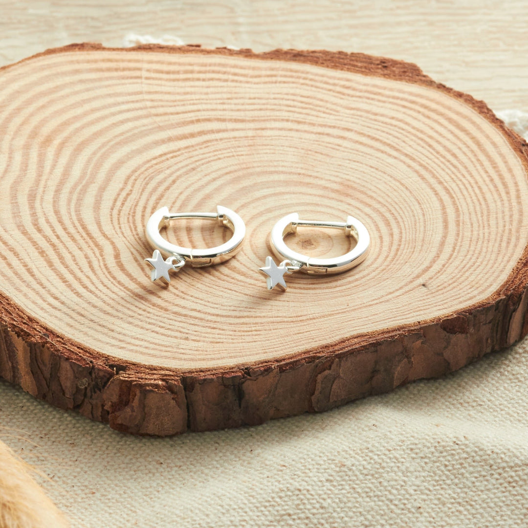 Silver Plated Star Charm Hoop Earrings - Philip Jones Jewellery