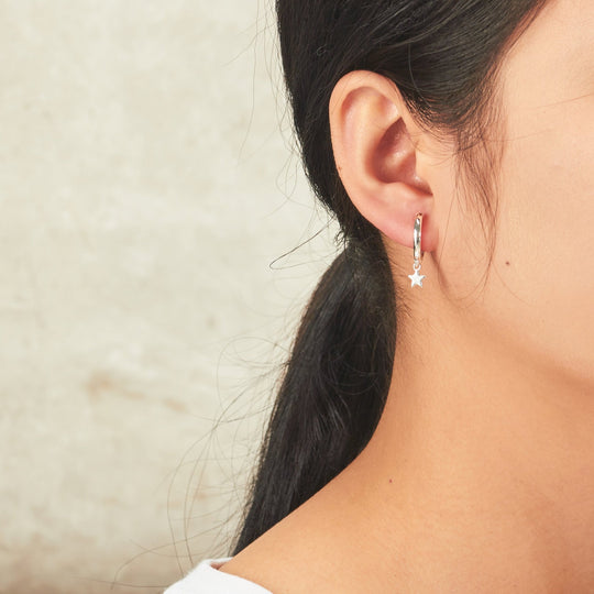 Silver Plated Star Charm Hoop Earrings - Philip Jones Jewellery