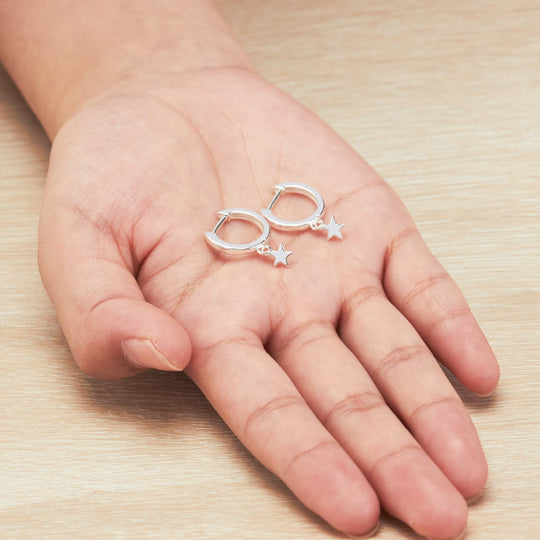 Silver Plated Star Charm Hoop Earrings - Philip Jones Jewellery