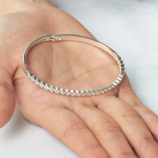 Silver Plated Tennis Bangle Created with Zircondia® Crystals (7 Inch) - Philip Jones Jewellery