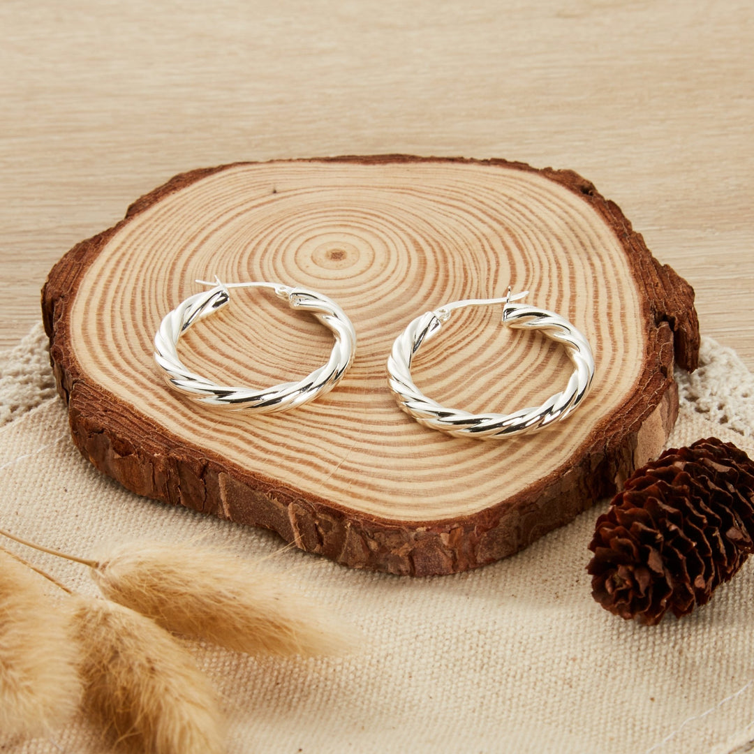 Silver Plated Thick Twisted Hoop Earrings - Philip Jones Jewellery