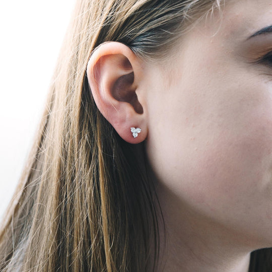 Silver Plated Three Stone Earrings Created with Zircondia® Crystals - Philip Jones Jewellery