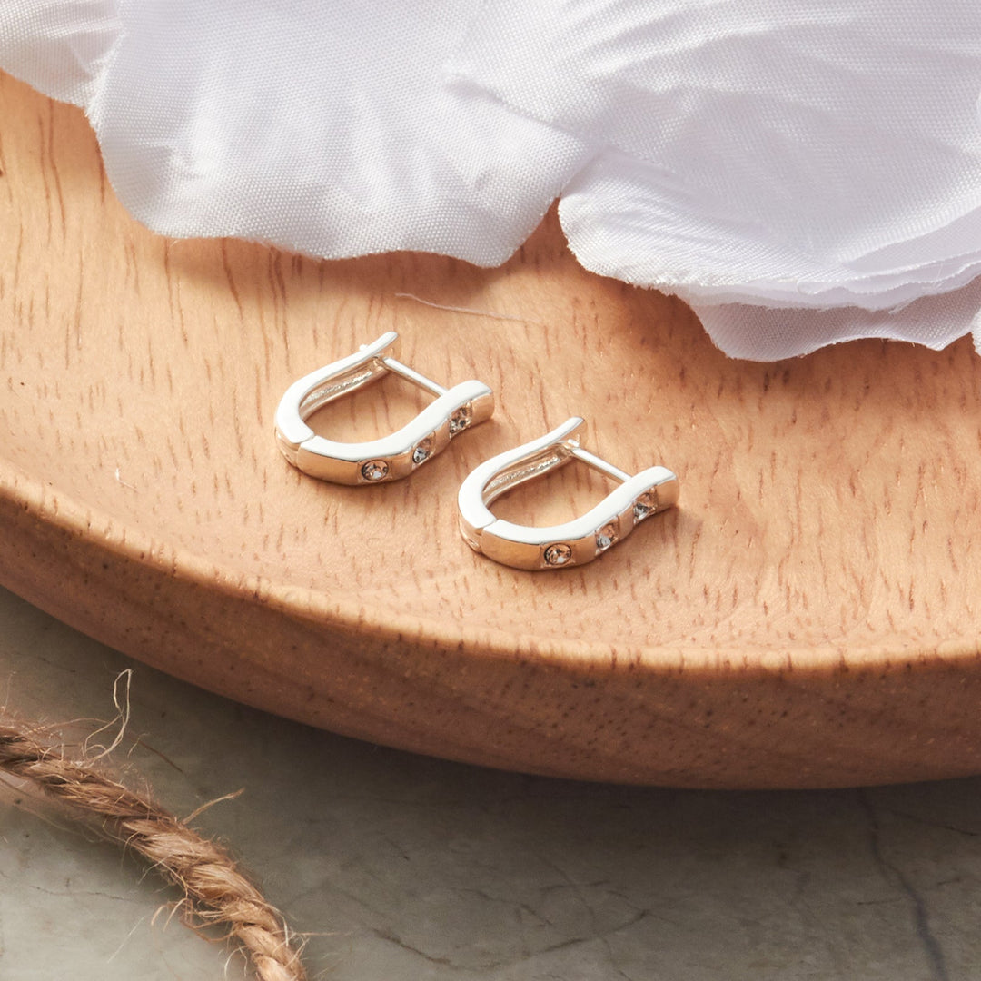 Silver Plated Three Stone Hoop Earrings Created with Zircondia® Crystals - Philip Jones Jewellery