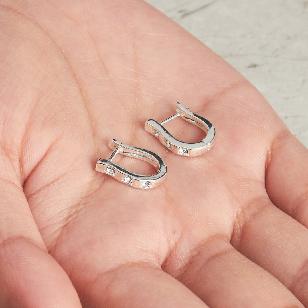 Silver Plated Three Stone Hoop Earrings Created with Zircondia® Crystals - Philip Jones Jewellery