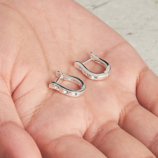 Silver Plated Three Stone Hoop Earrings Created with Zircondia® Crystals - Philip Jones Jewellery