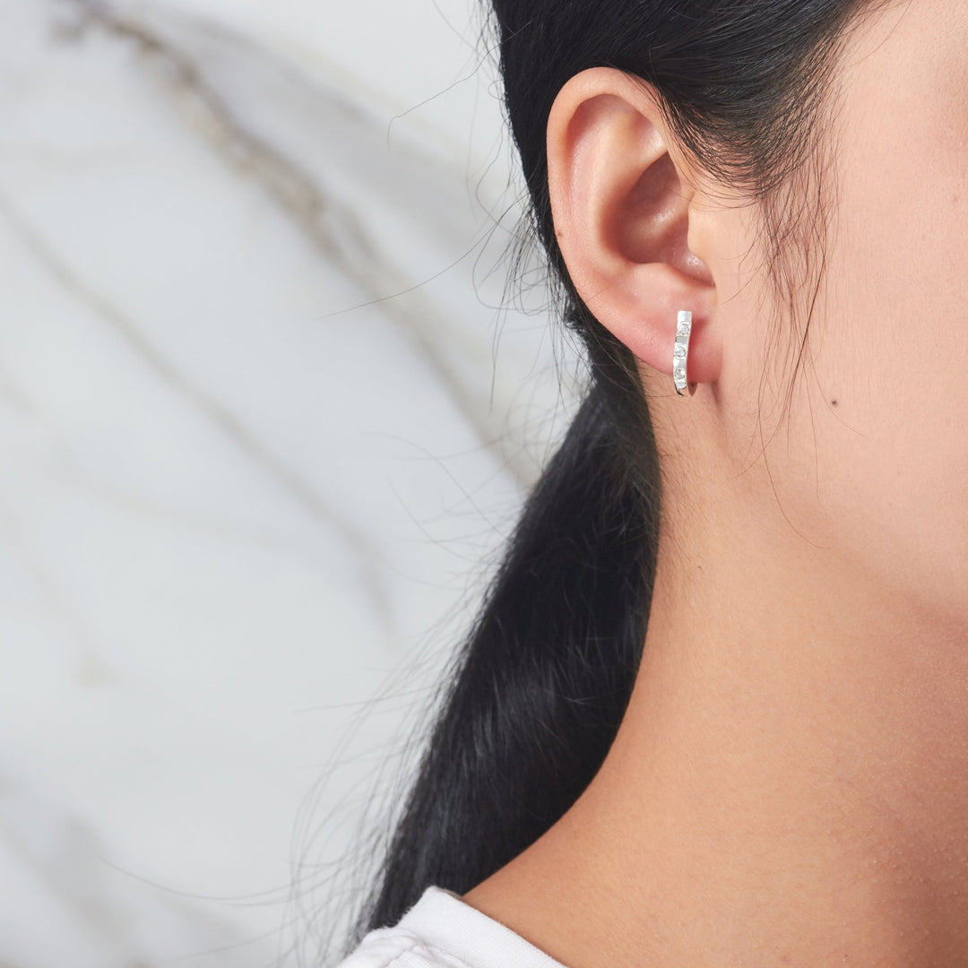 Silver Plated Three Stone Hoop Earrings Created with Zircondia® Crystals - Philip Jones Jewellery