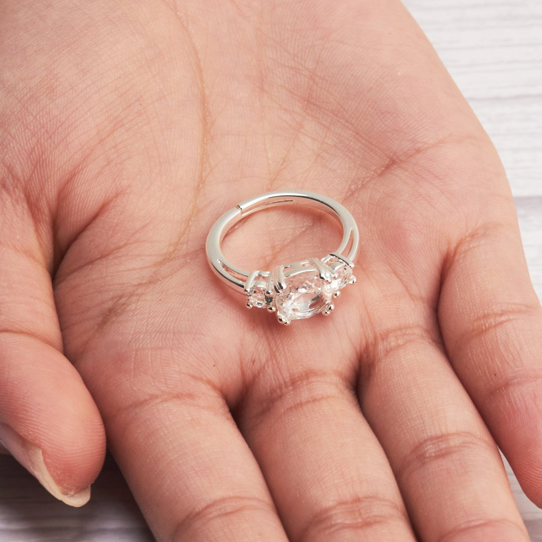 Silver Plated Three Stone Ring Created with Zircondia® Crystals - Philip Jones Jewellery