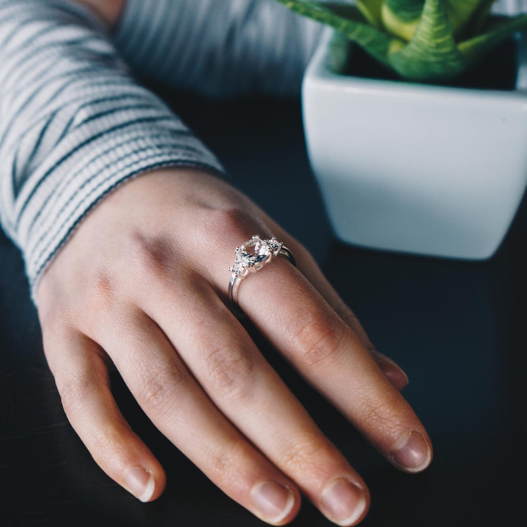 Silver Plated Three Stone Ring Created with Zircondia® Crystals - Philip Jones Jewellery