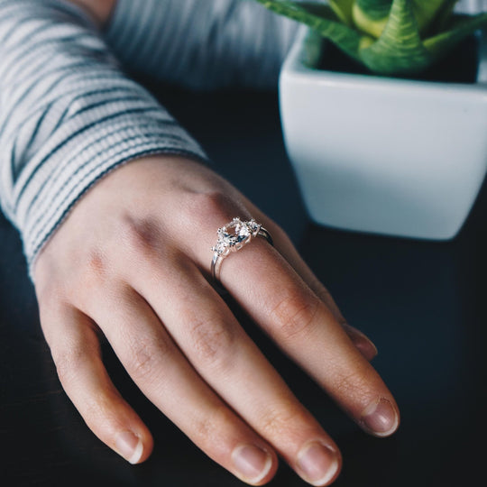 Silver Plated Three Stone Ring Created with Zircondia® Crystals - Philip Jones Jewellery