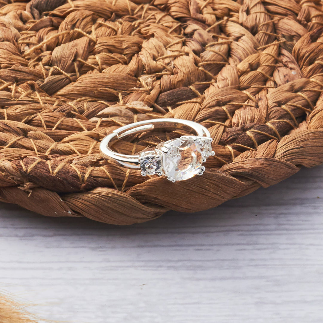 Silver Plated Three Stone Ring Created with Zircondia® Crystals - Philip Jones Jewellery