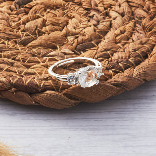 Silver Plated Three Stone Ring Created with Zircondia® Crystals - Philip Jones Jewellery