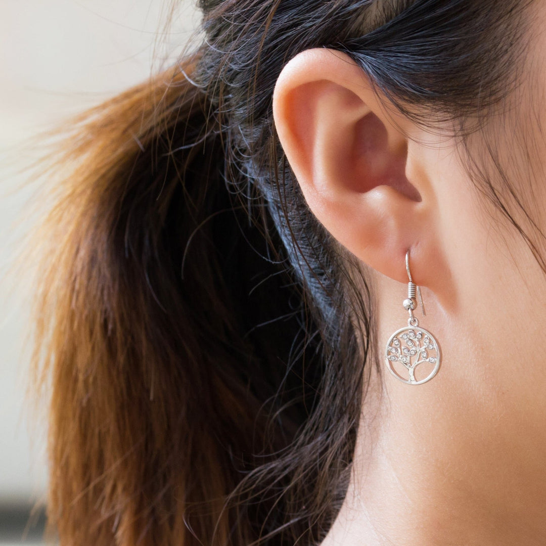 Silver Plated Tree of Life Drop Earrings Created with Crystals from Zircondia® - Philip Jones Jewellery