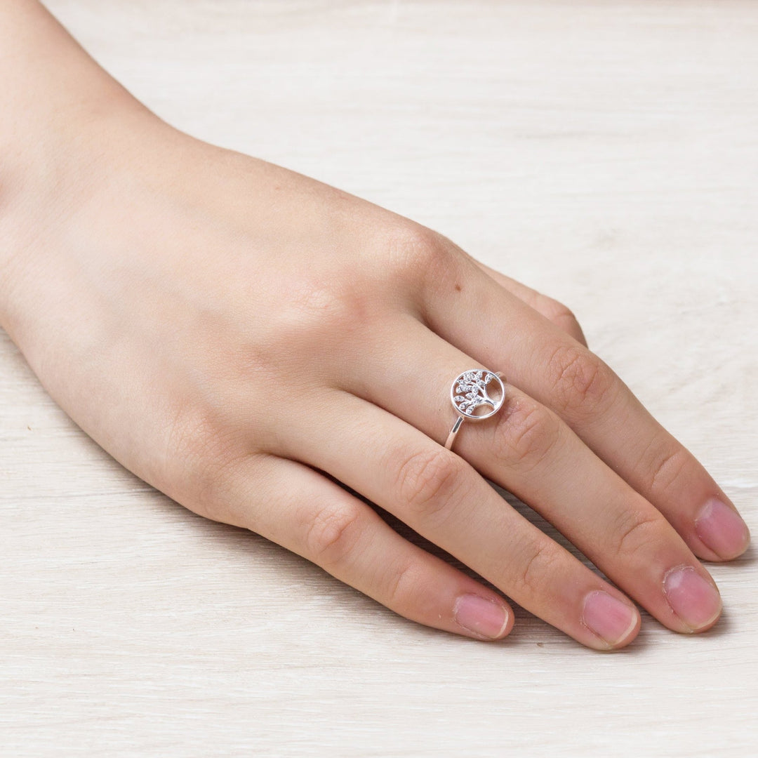 Silver Plated Tree of Life Ring Created with Zircondia® Crystals - Philip Jones Jewellery