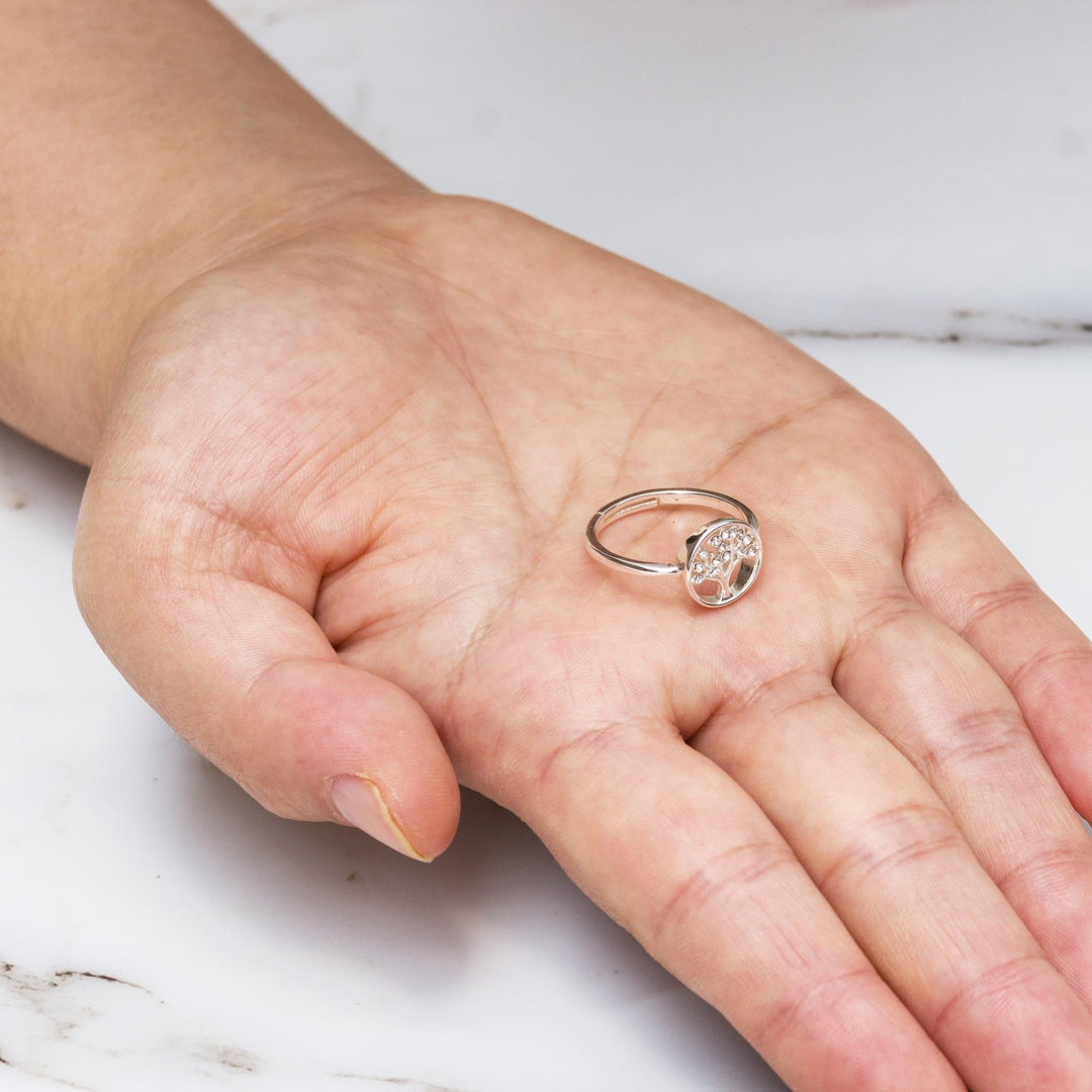 Silver Plated Tree of Life Ring Created with Zircondia® Crystals - Philip Jones Jewellery