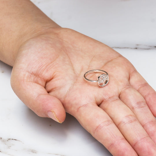 Silver Plated Tree of Life Ring Created with Zircondia® Crystals - Philip Jones Jewellery