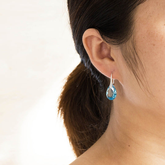 Sterling Silver Aquamarine Drop Earrings Created with Zircondia® Crystals - Philip Jones Jewellery